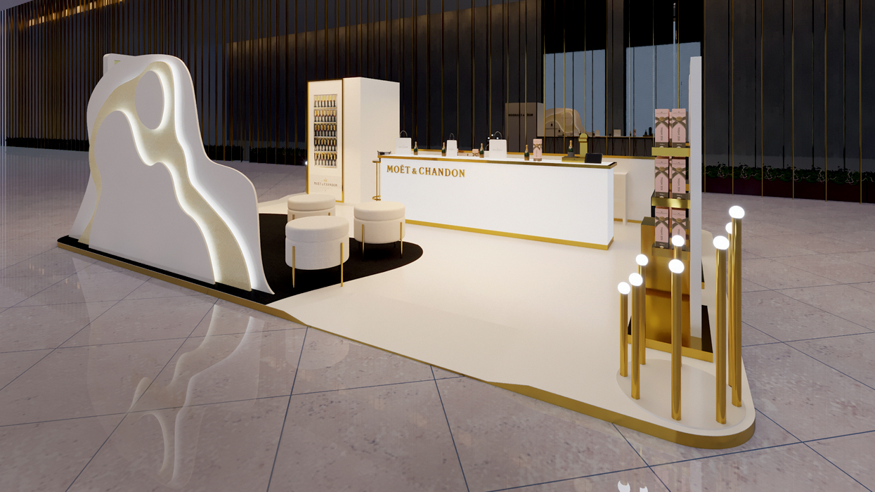 Projeto 3D do estande da Moët & Chandon com balcão branco ao fundo, luminárias à direita e pufes à esquerda
