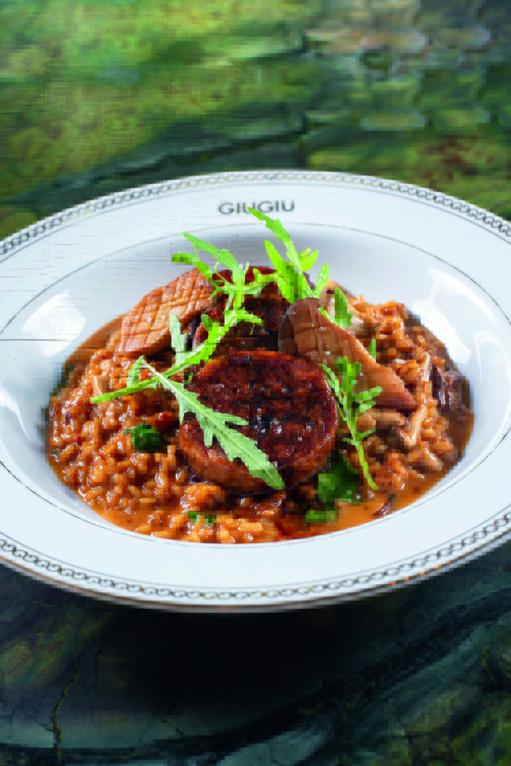 GiuGiu Prato fundo de louça branca com risoto escuto coberto por rodelas de carne e folhinhas.