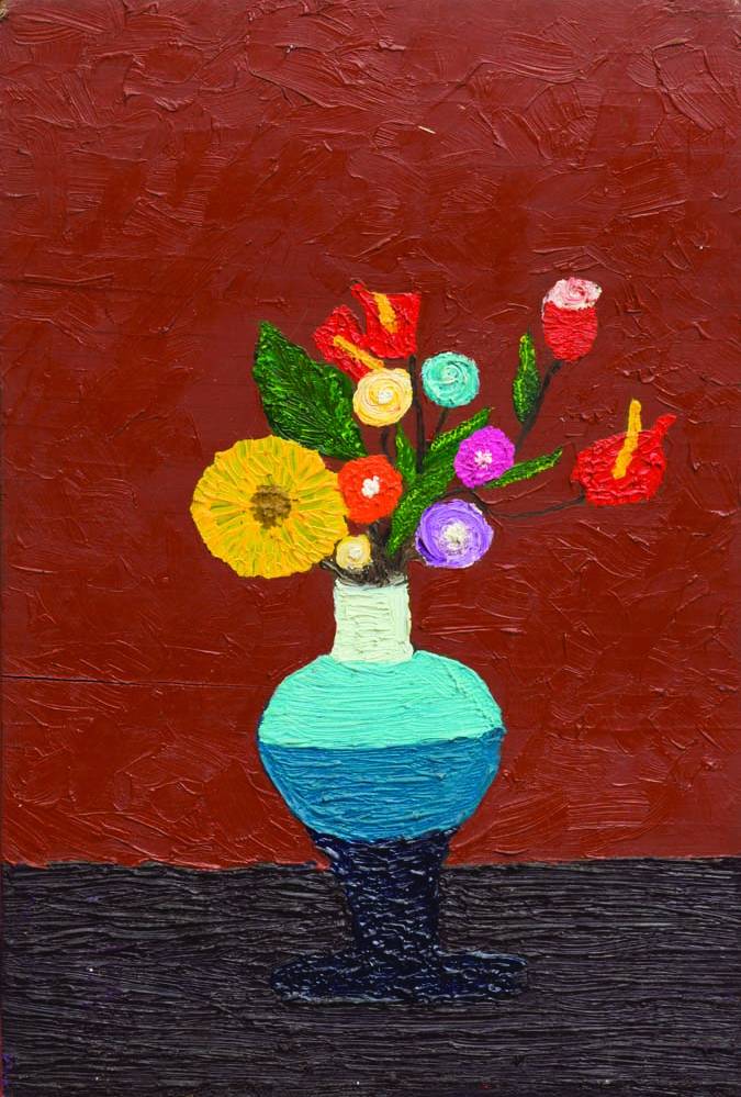 Evandro César, ¿Título Vaso de Flores¿, óleo sobre madeira preparada com bolo armênio, 2023, 27x18cm..jpg Pintura de vaso com fundo vermelho