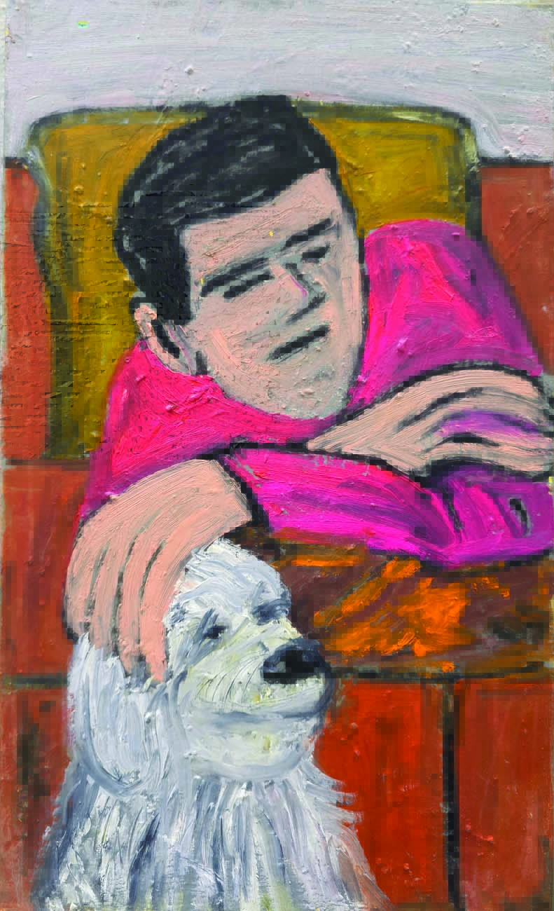 Koki, Melhor Amigo, óleo sobre tela, 2022, 50x30cm..jpg Menino e cachorro branco em pintura