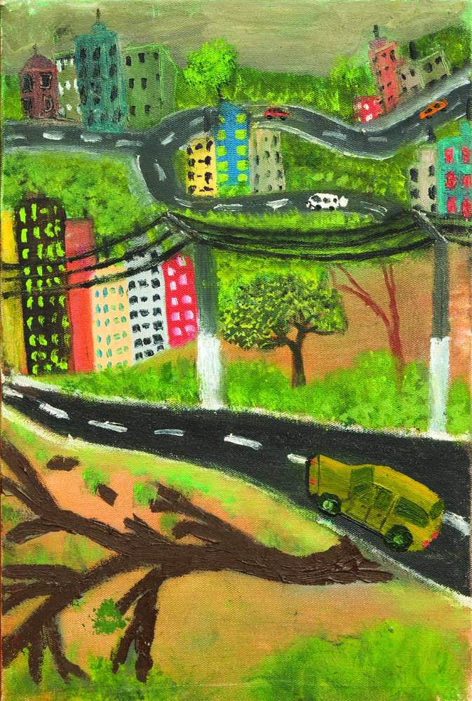 Koki, Título ¿Natureza Atropelada¿, óleo sobre tela, 2023, 30x20cm..jpg Pintura de estrada, prédios e fios de eletricidade