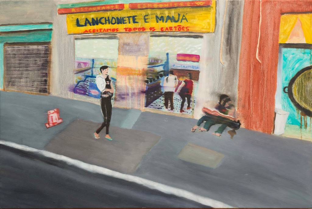 Renato Custodio, Título ¿Lanchonete Mauá¿, óleo sobre tela, 2023, 60x90cm. Pintura de pessoas em calçada e fachada de lanchonete