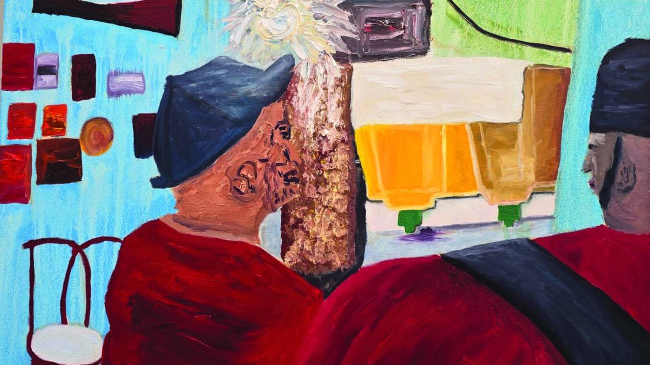 Obra colorida exibe churrasco grego e homem