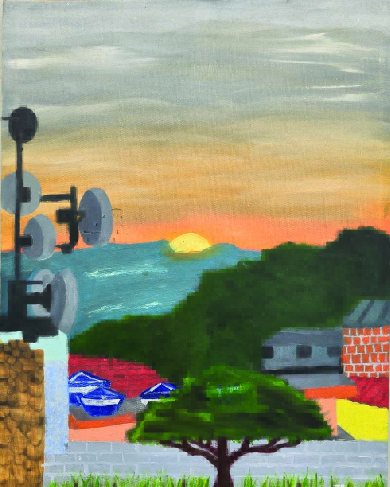 Tito Terapia, Título ¿Por do sol de São Tomé¿, óleo sobre tela, 2022, 27x35cm..jpg Pintura exibe sol, montanhas e bairro urbano
