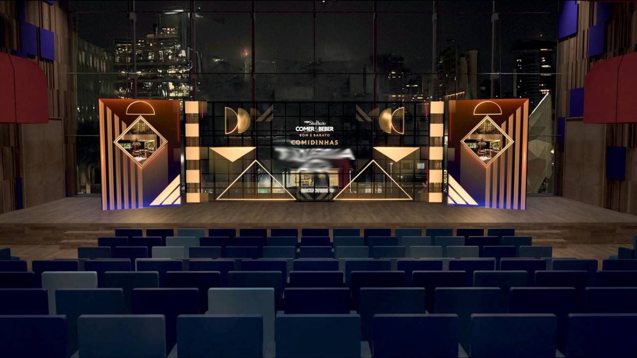 Palco da premiação de VEJA SÃO PAULO COMER & BEBER ao fundo com cadeiras vazias na frente.
