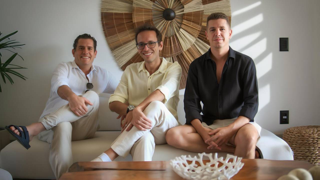 Três homens brancos de camisa sentados em sofá branco com mesa de centro de madeira à frente