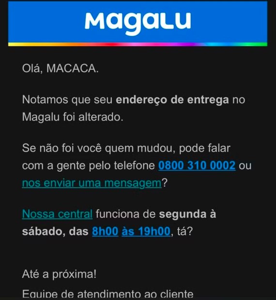 E-mail recebido por cliente da Magalu