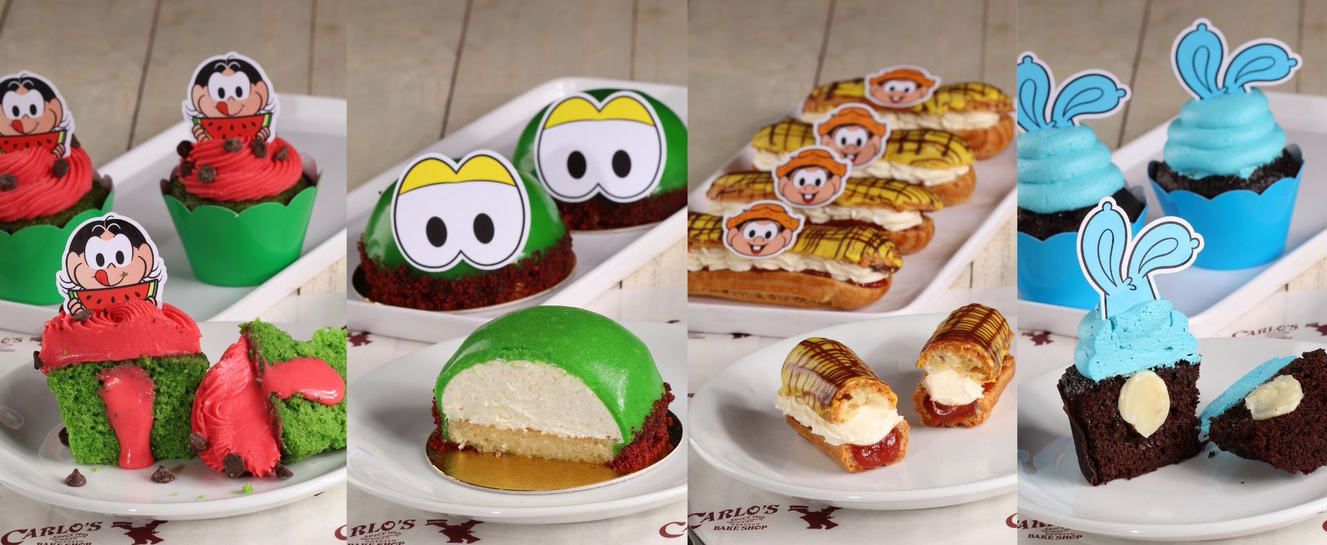 Doces da Turma da M&ocirc;nica em parceria com a Carlo's Bakery: Cupcake da Magali, mousse do Hor&aacute;cio, &eacute;clair Chico Bento e cupcake N&oacute; na Orelha