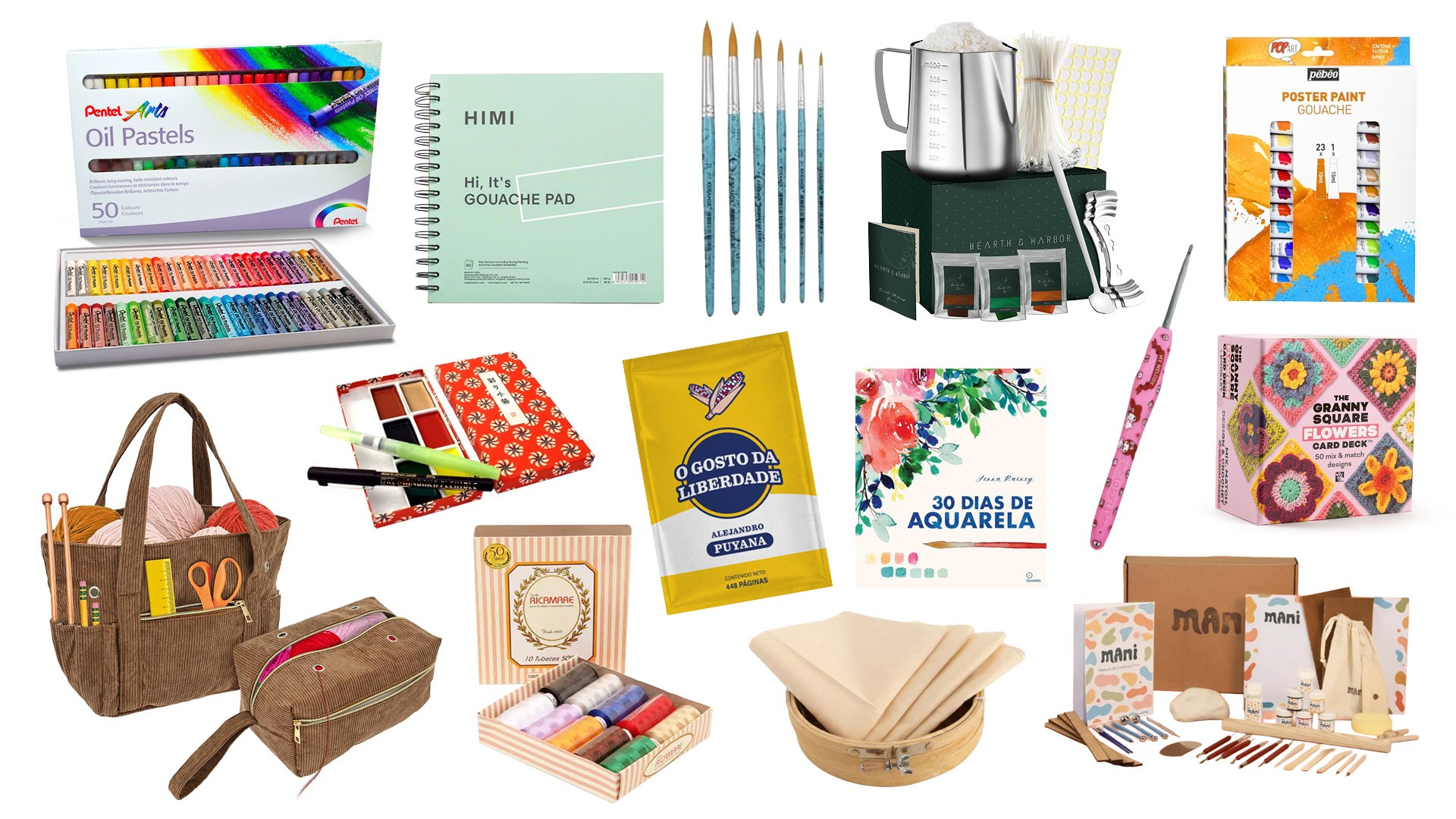Uma colagem de materiais de arte e artesanato, incluindo pastéis a óleo, cadernos de desenho, pincéis, tintas guache, kits de crochê, agulhas, fios, tecidos e outros suprimentos criativos